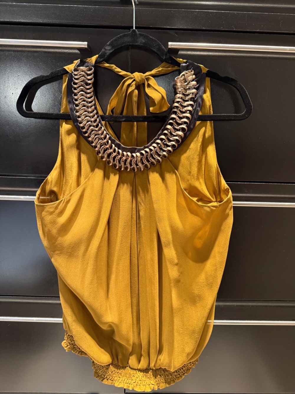 Marc Anthony Mustard Yellow Sleeveless Necklace-Trim Blouse